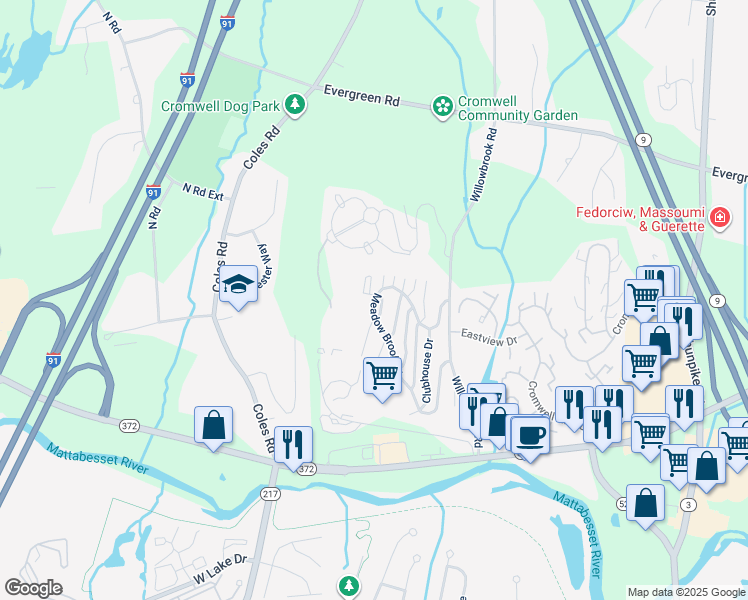 map of restaurants, bars, coffee shops, grocery stores, and more near 11 Glenview Drive in Cromwell