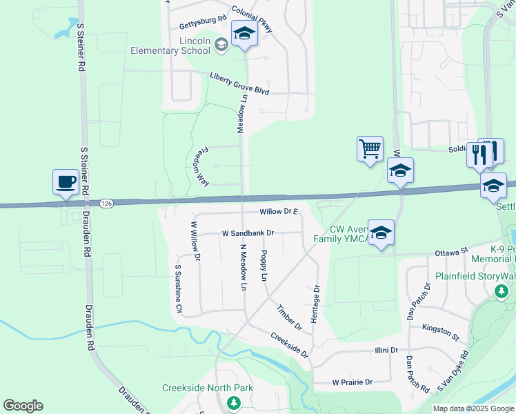 map of restaurants, bars, coffee shops, grocery stores, and more near 25120 Willow Drive East in Plainfield