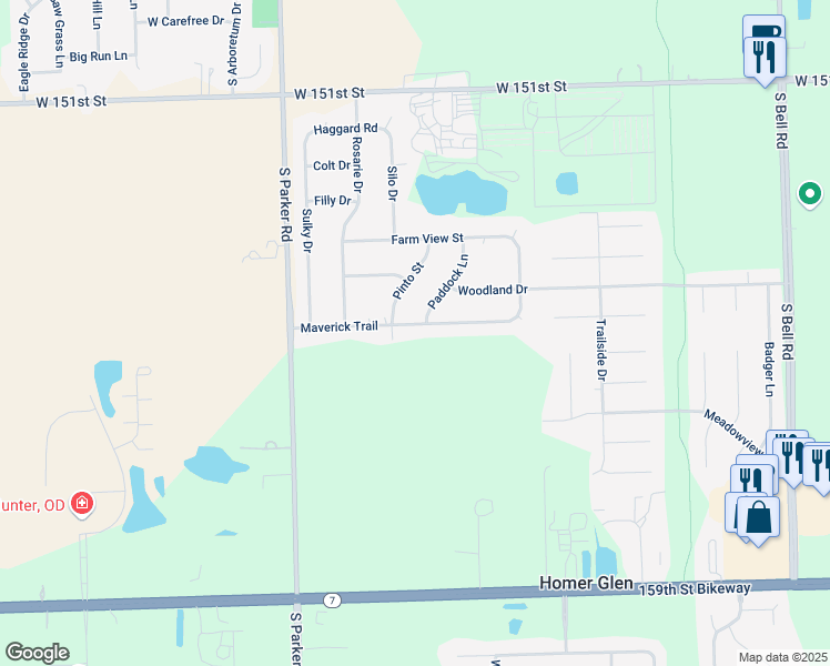 map of restaurants, bars, coffee shops, grocery stores, and more near 13407 Maverick Trail in Homer Glen