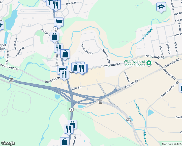 map of restaurants, bars, coffee shops, grocery stores, and more near 110 Gate Road in North Kingstown