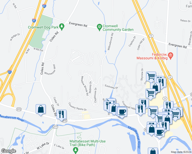 map of restaurants, bars, coffee shops, grocery stores, and more near 32 Valley Run Drive in Cromwell