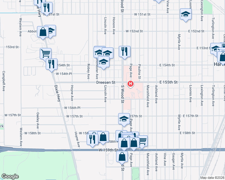 map of restaurants, bars, coffee shops, grocery stores, and more near 15520 Honore Avenue in Harvey
