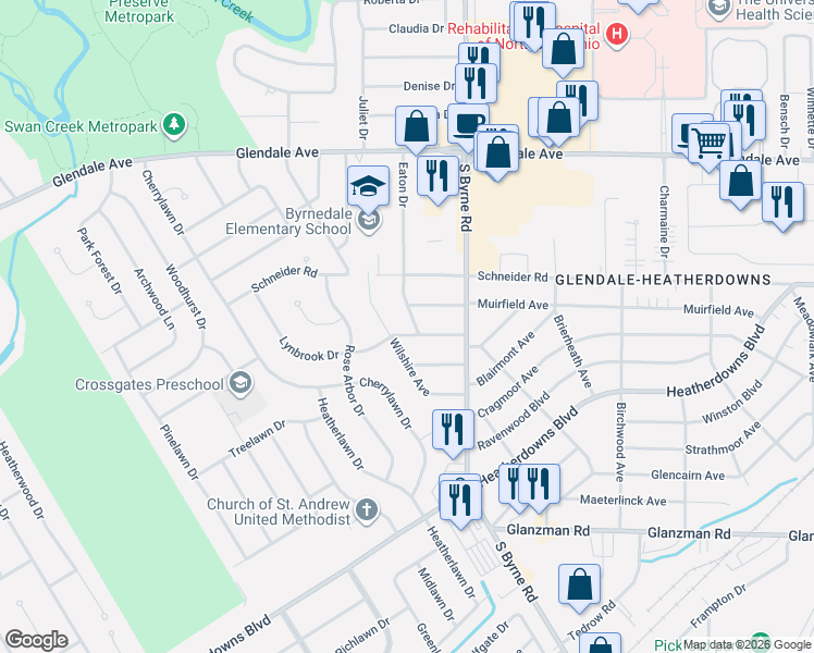 map of restaurants, bars, coffee shops, grocery stores, and more near 3565 Havenhurst Avenue in Toledo