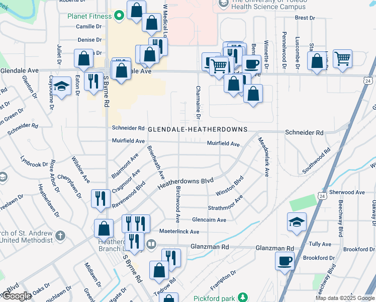 map of restaurants, bars, coffee shops, grocery stores, and more near 3145 Cragmoor Avenue in Toledo