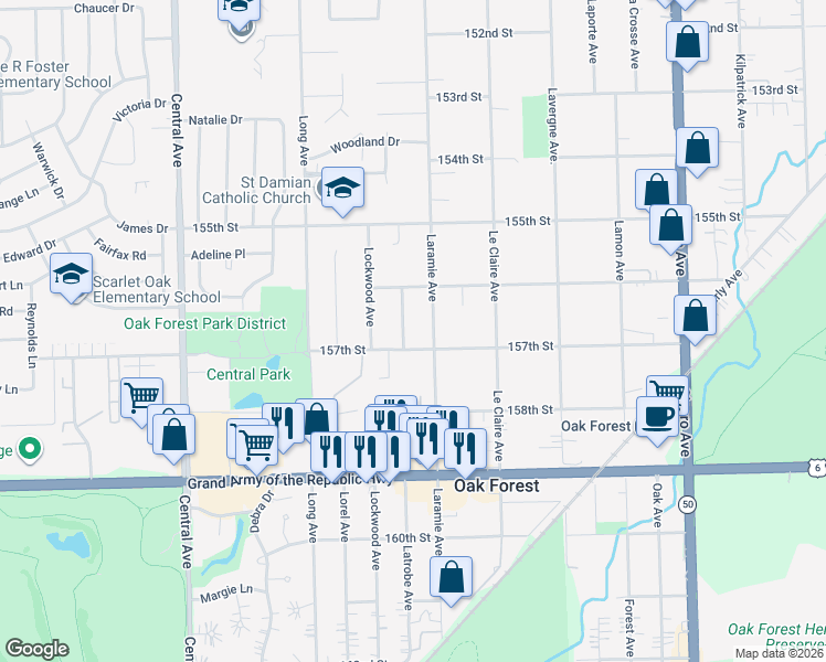 map of restaurants, bars, coffee shops, grocery stores, and more near 5224 157th Street in Oak Forest