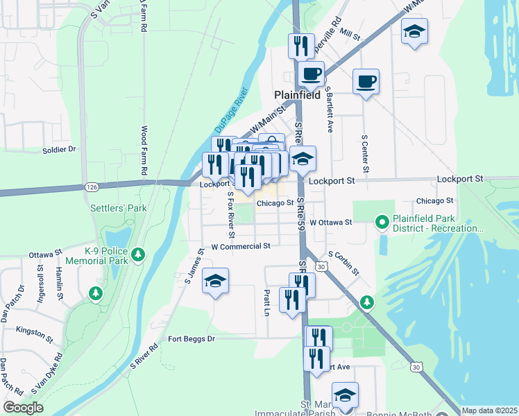 map of restaurants, bars, coffee shops, grocery stores, and more near 15127 South Des Plaines Street in Plainfield