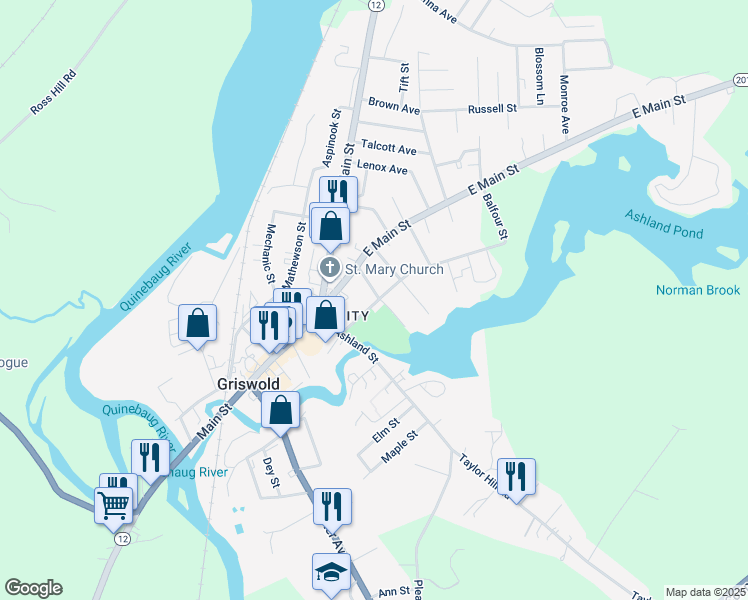 map of restaurants, bars, coffee shops, grocery stores, and more near 30 Hill Street in Griswold