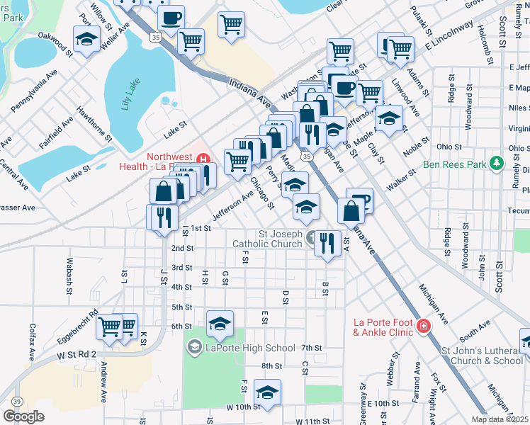 map of restaurants, bars, coffee shops, grocery stores, and more near 1107 Harrison Street in La Porte