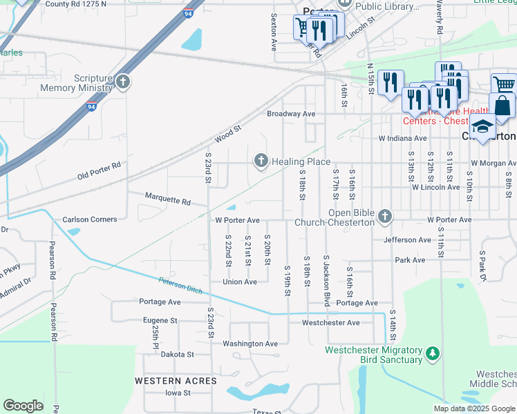 map of restaurants, bars, coffee shops, grocery stores, and more near 1980 West Porter Avenue in Chesterton