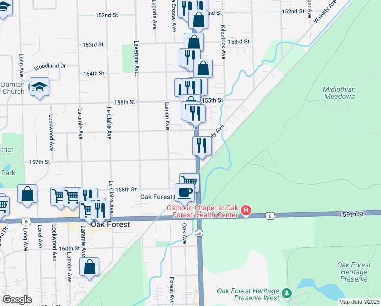 map of restaurants, bars, coffee shops, grocery stores, and more near in Oak Forest
