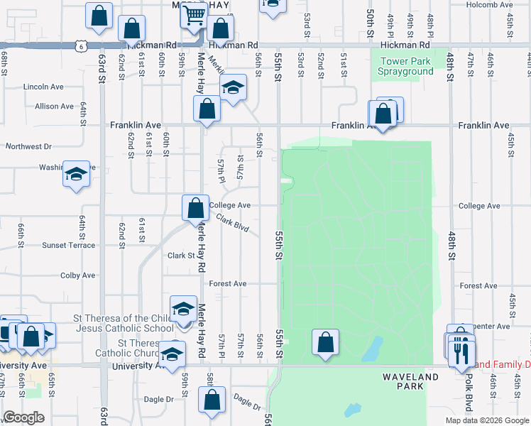 map of restaurants, bars, coffee shops, grocery stores, and more near 1528 56th Street in Des Moines