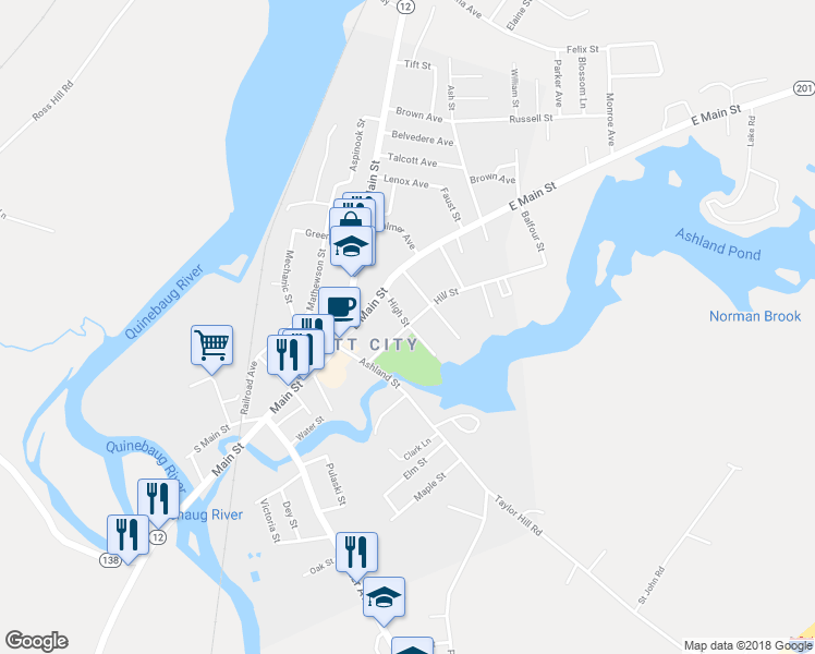 map of restaurants, bars, coffee shops, grocery stores, and more near 49 Hill Street in Griswold