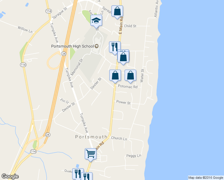 map of restaurants, bars, coffee shops, grocery stores, and more near 2870 East Main Road in Portsmouth