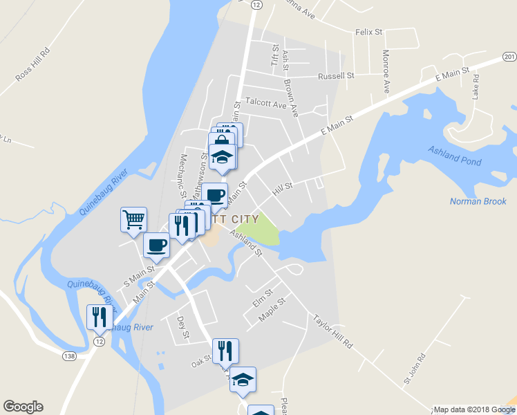 map of restaurants, bars, coffee shops, grocery stores, and more near 51 Hill Street in Griswold
