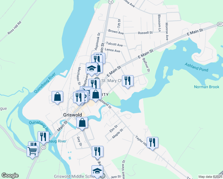 map of restaurants, bars, coffee shops, grocery stores, and more near High Street & Hill Street in Griswold