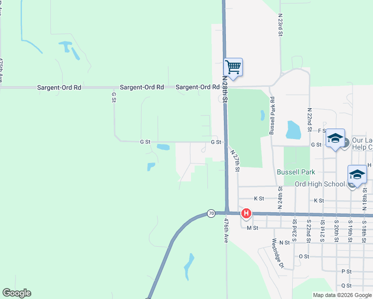 map of restaurants, bars, coffee shops, grocery stores, and more near 405 Rolling Hills Avenue in Ord