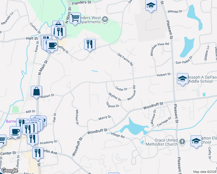 map of restaurants, bars, coffee shops, grocery stores, and more near 139 Skyline Drive in Southington