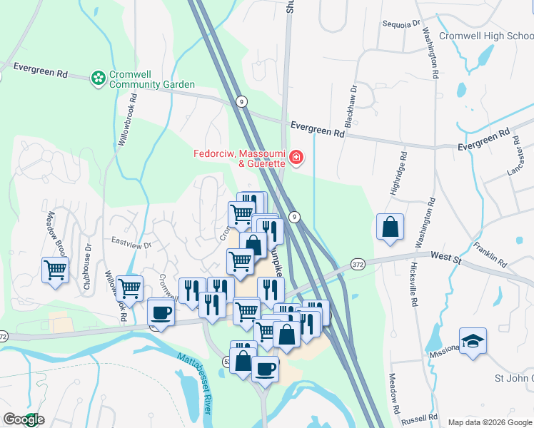 map of restaurants, bars, coffee shops, grocery stores, and more near 2205 Cromwell Hills Drive in Cromwell
