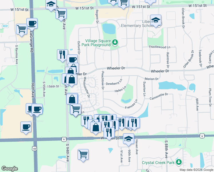 map of restaurants, bars, coffee shops, grocery stores, and more near 9130 Helen Lane in Orland Park