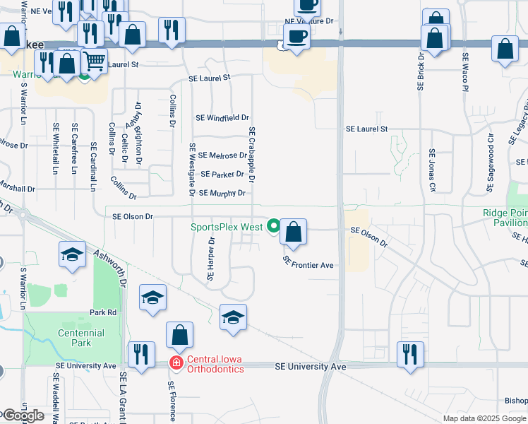 map of restaurants, bars, coffee shops, grocery stores, and more near 875 Southeast Olson Drive in Waukee