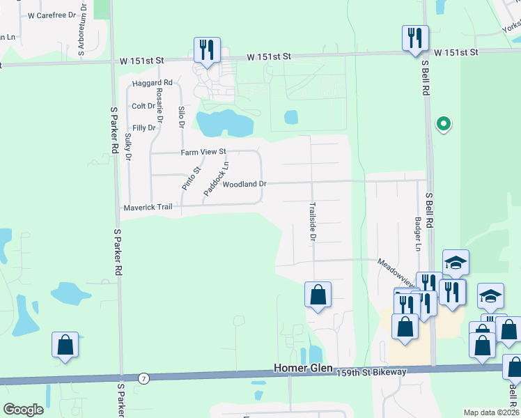 map of restaurants, bars, coffee shops, grocery stores, and more near 13221 Maverick Trail in Homer Glen
