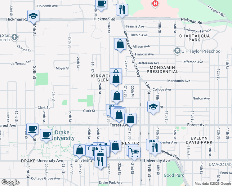 map of restaurants, bars, coffee shops, grocery stores, and more near 1531 22nd Street in Des Moines