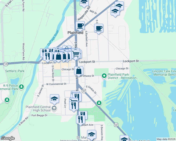 map of restaurants, bars, coffee shops, grocery stores, and more near 23902 West Ottawa Street in Plainfield