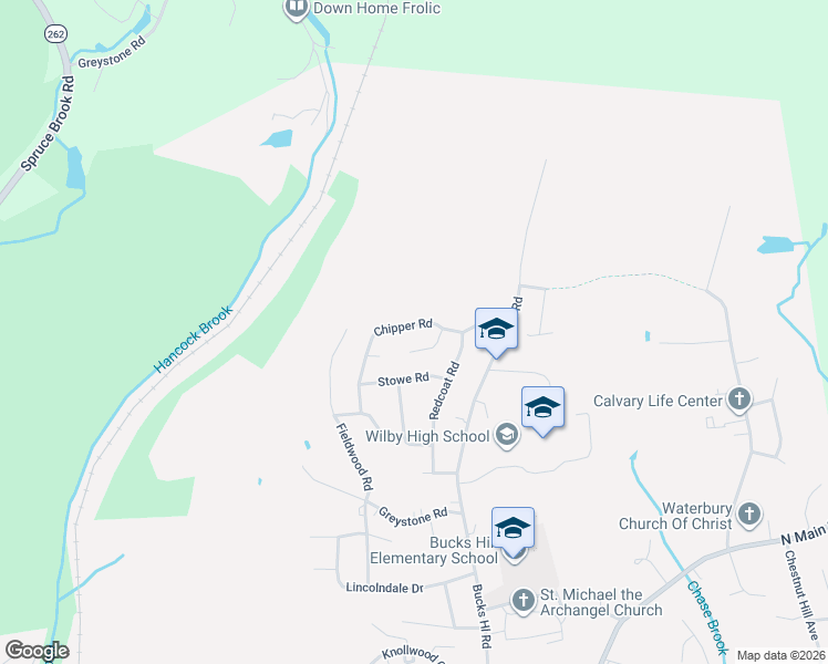 map of restaurants, bars, coffee shops, grocery stores, and more near 107 Chipper Road in Waterbury