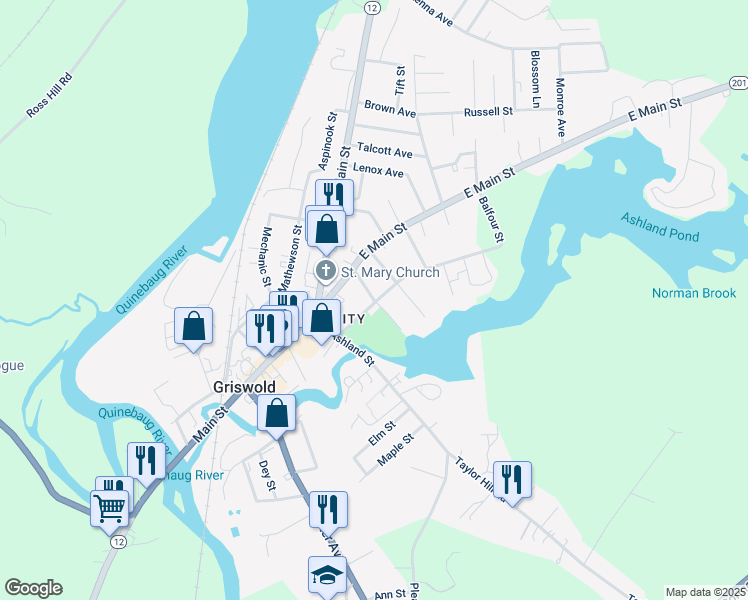map of restaurants, bars, coffee shops, grocery stores, and more near 30 Hill Street in Griswold