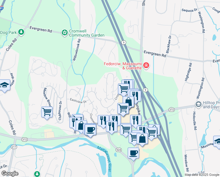 map of restaurants, bars, coffee shops, grocery stores, and more near 240 Skyview Drive in Cromwell