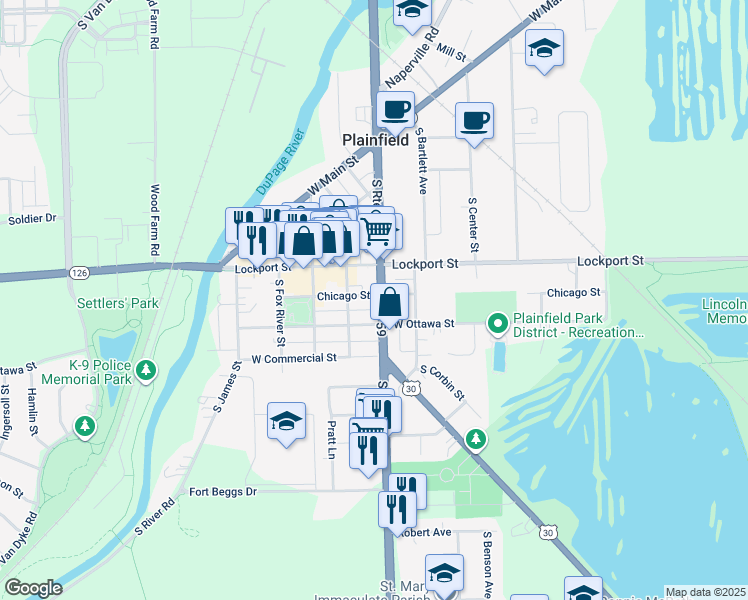 map of restaurants, bars, coffee shops, grocery stores, and more near 15129 South Illinois Street in Plainfield