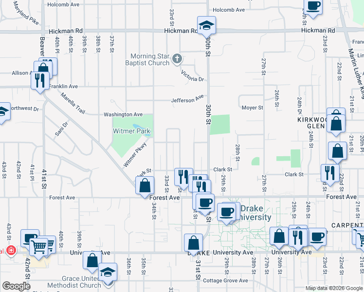 map of restaurants, bars, coffee shops, grocery stores, and more near 1540 32nd Street in Des Moines