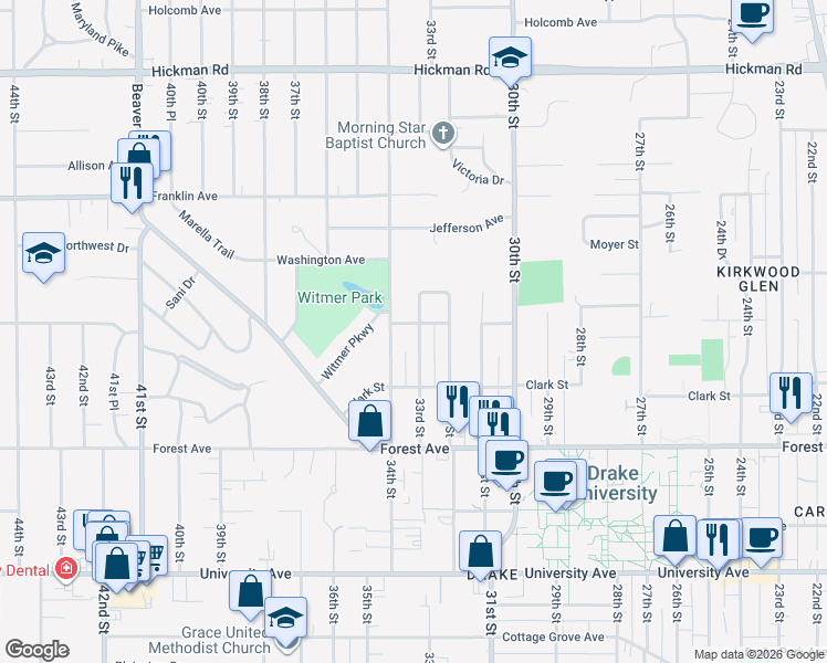 map of restaurants, bars, coffee shops, grocery stores, and more near 1535 34th Street in Des Moines