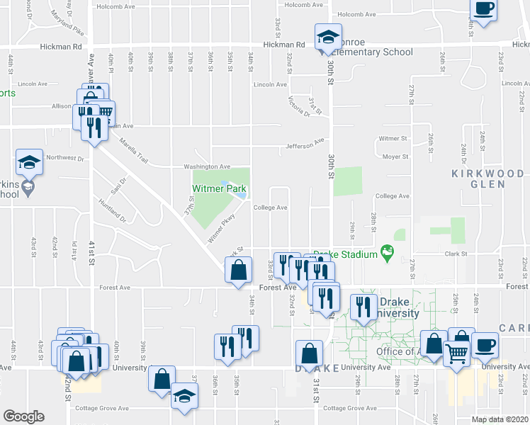 map of restaurants, bars, coffee shops, grocery stores, and more near 1535 34th Street in Des Moines