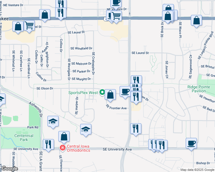 map of restaurants, bars, coffee shops, grocery stores, and more near 925 Southeast Olson Drive in Waukee