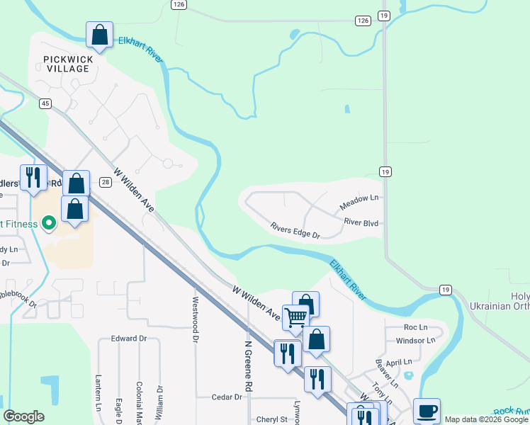 map of restaurants, bars, coffee shops, grocery stores, and more near 20945 Rivers Edge Drive in Goshen