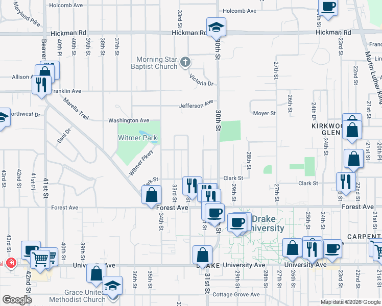 map of restaurants, bars, coffee shops, grocery stores, and more near 1540 32nd Street in Des Moines