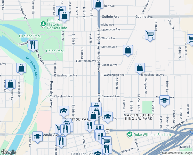 map of restaurants, bars, coffee shops, grocery stores, and more near 1519 York Street in Des Moines