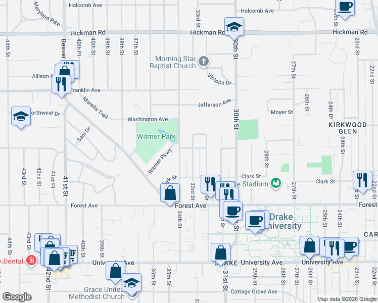 map of restaurants, bars, coffee shops, grocery stores, and more near 1535 34th Street in Des Moines