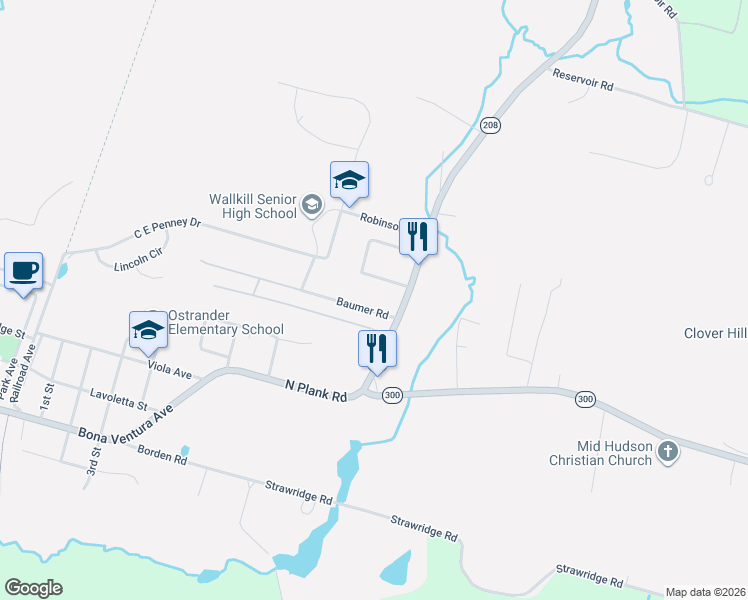 map of restaurants, bars, coffee shops, grocery stores, and more near 8 Baumer Rd in Wallkill