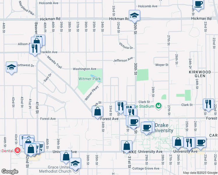 map of restaurants, bars, coffee shops, grocery stores, and more near 1535 34th Street in Des Moines