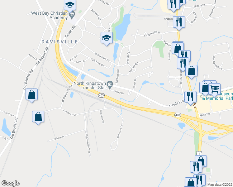 map of restaurants, bars, coffee shops, grocery stores, and more near 40 Navy Drive in North Kingstown