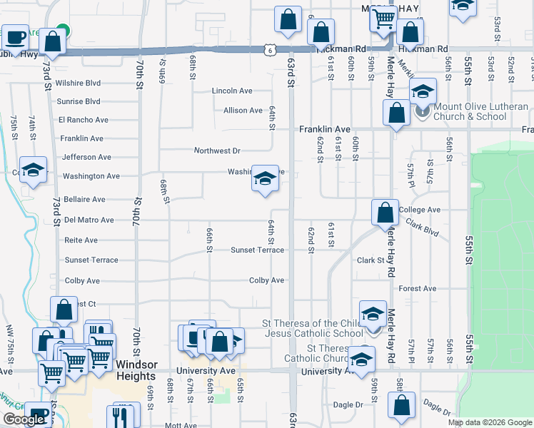 map of restaurants, bars, coffee shops, grocery stores, and more near 6400 Del Matro Avenue in Windsor Heights