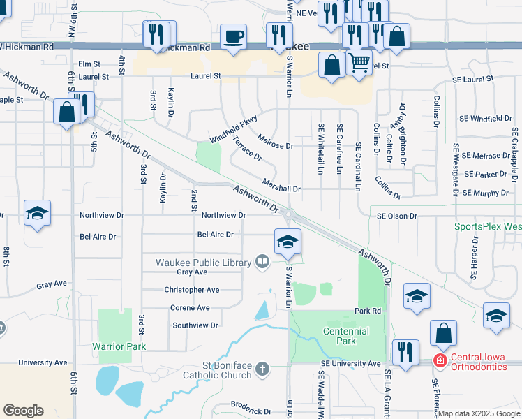 map of restaurants, bars, coffee shops, grocery stores, and more near 80 Northview Drive in Waukee