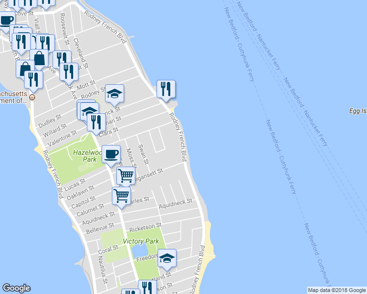 map of restaurants, bars, coffee shops, grocery stores, and more near 1375 East Rodney French Boulevard in New Bedford