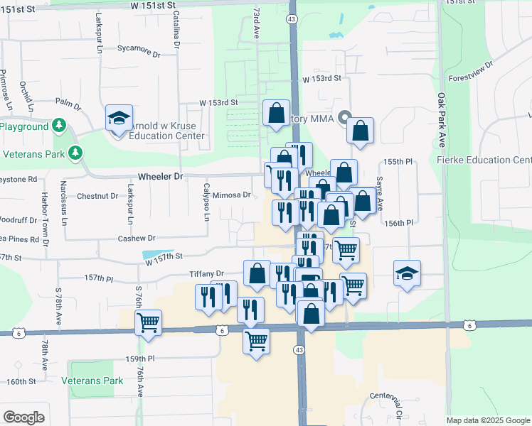map of restaurants, bars, coffee shops, grocery stores, and more near 15614 South Harlem Avenue in Orland Park