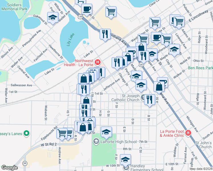 map of restaurants, bars, coffee shops, grocery stores, and more near 716 Teegarden Street in La Porte