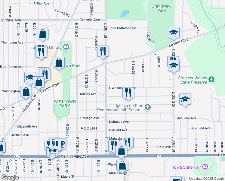 map of restaurants, bars, coffee shops, grocery stores, and more near 2936 Kinsey Avenue in Des Moines