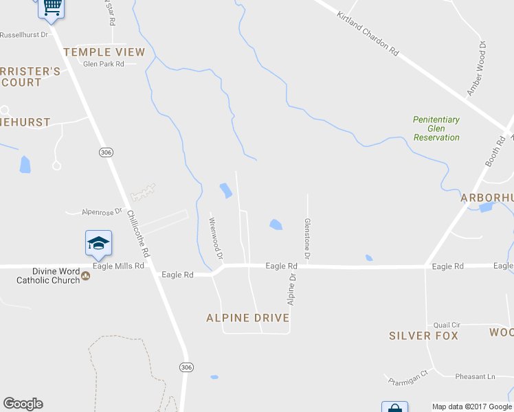 map of restaurants, bars, coffee shops, grocery stores, and more near 8341 Eagle Road in Kirtland