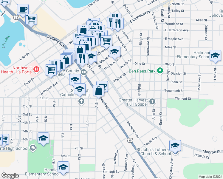 map of restaurants, bars, coffee shops, grocery stores, and more near 1306 Monroe Street in La Porte
